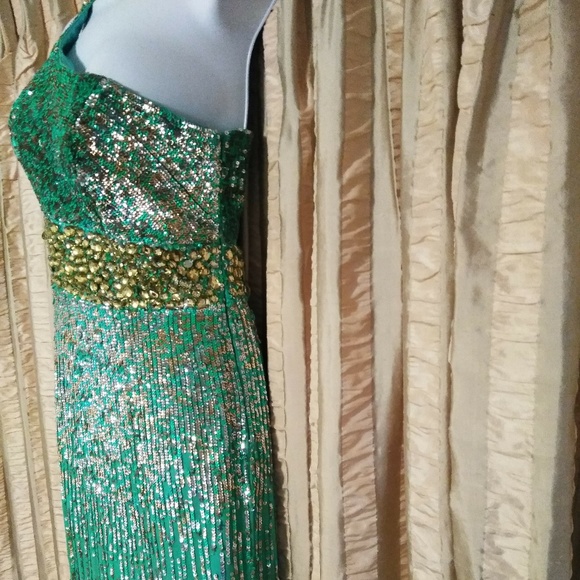 Size 8 Sherri Hill Teal Silk One-Shoulder Dress - Picture 3 of 9